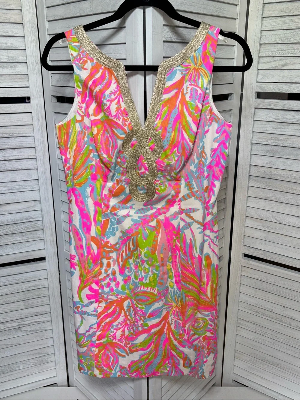 Lilly Pulitzer Size 6 Tropical Floral Shift Dress Gold Metallic Trim Pink